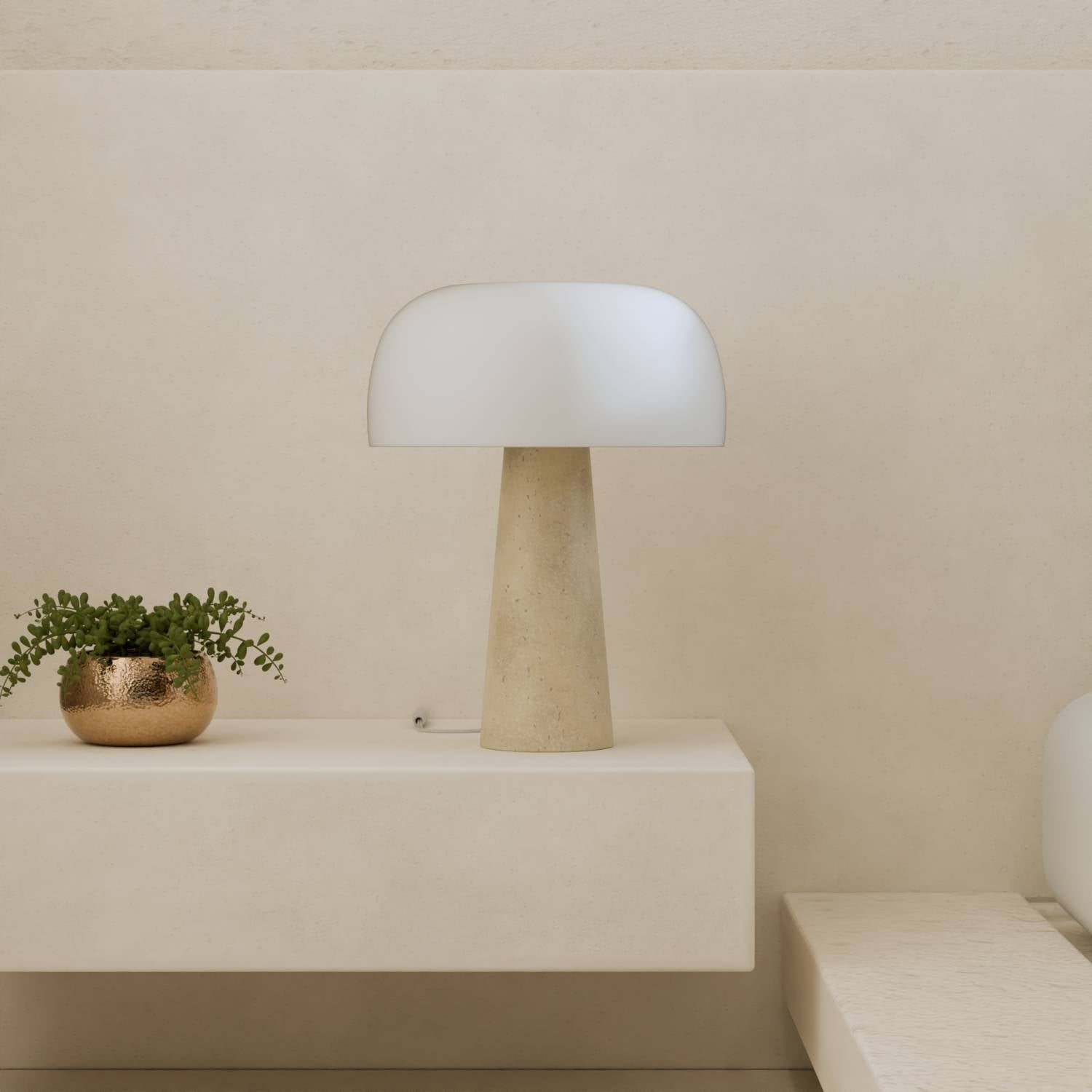 Elegant Bedside Lamp | Travertine Base & Opal Glass Shade 0