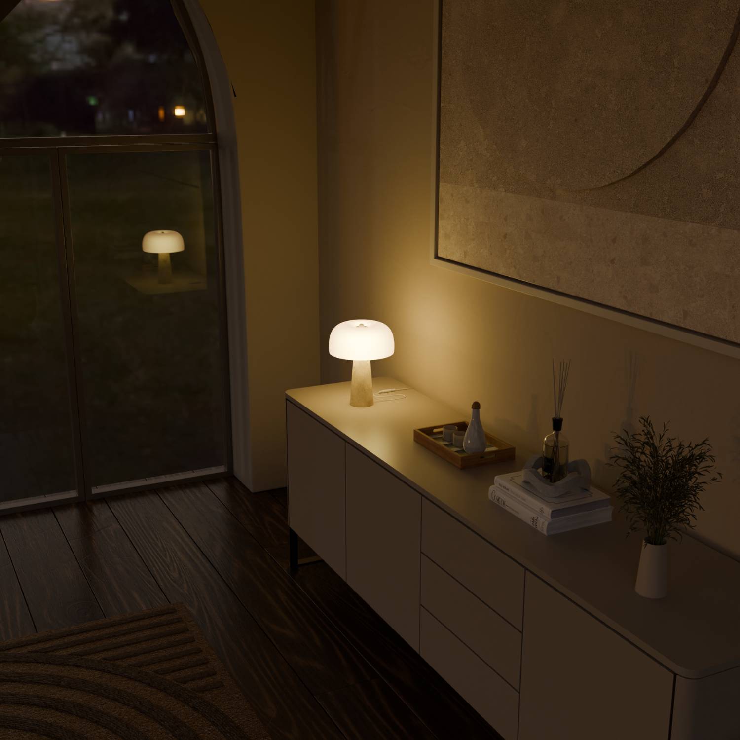 Elegant Bedside Lamp | Travertine Base & Opal Glass Shade 4