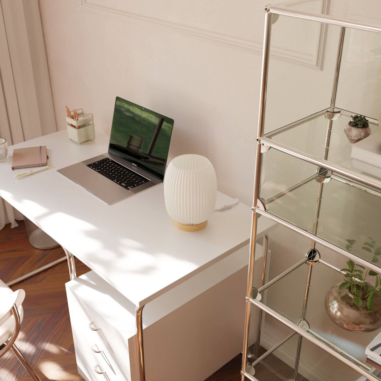 Elegant Ribbed Ceramic Bedside Lamp | Natural Wood Base 1