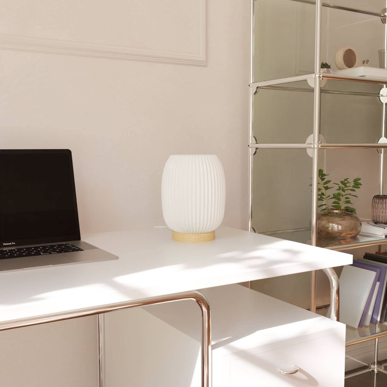 Elegant Ribbed Ceramic Bedside Lamp | Natural Wood Base 2