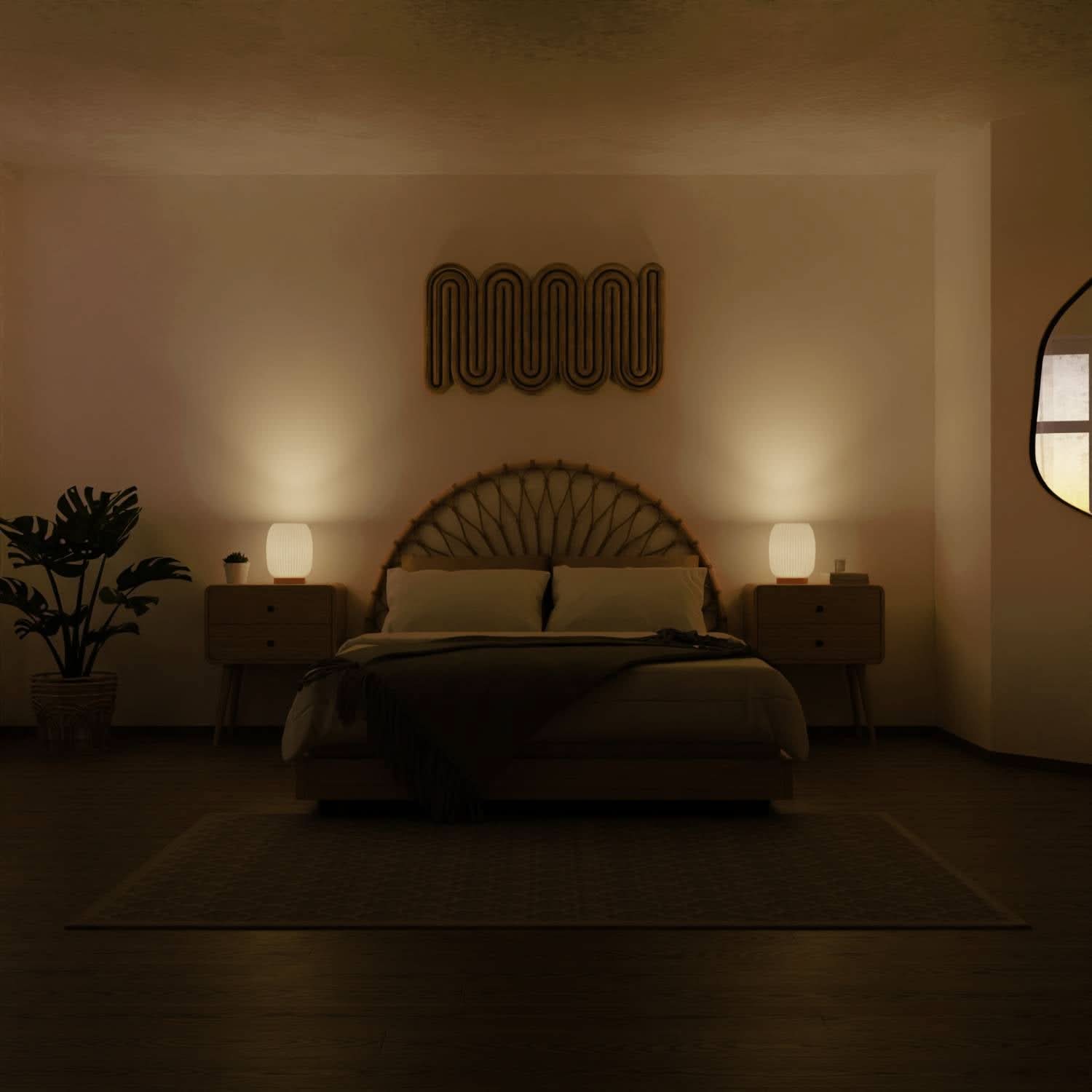 Elegant Ribbed Ceramic Bedside Lamp | Natural Wood Base 5