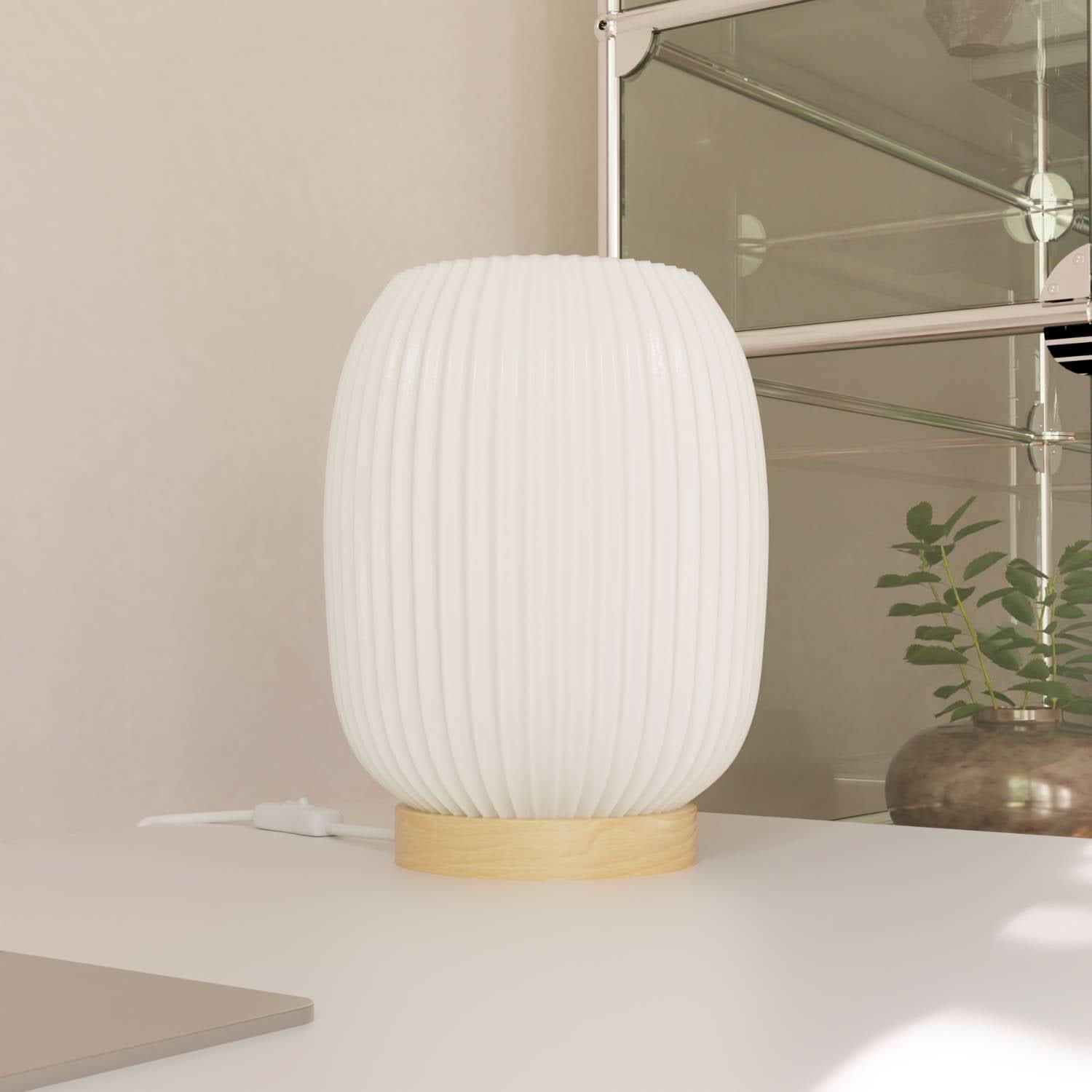 Elegant Ribbed Ceramic Bedside Lamp | Natural Wood Base 0